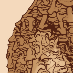 Top detail showing the 'mask-like' faces stacked vertically to create the figure's head.